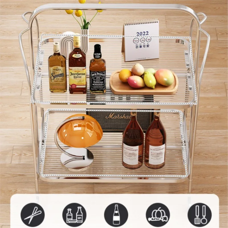 Medieval Style Tempered Glass Living Room Side Table Transparent Coffee Table Folding Mobile Small Cart Restaurant Storage Rack