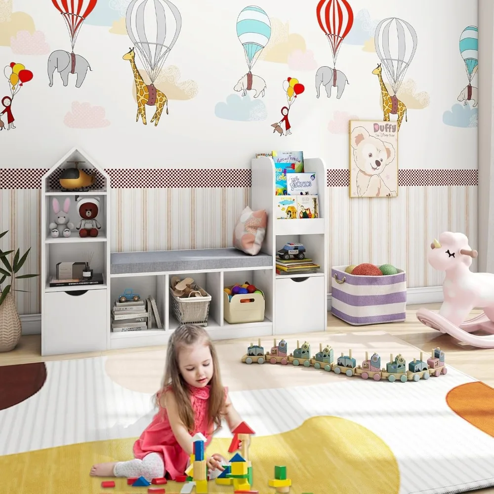 Libreria e libreria per bambini con angolo di lettura, libreria multifunzionale con 7 armadietti e 2 cassetti mobili,