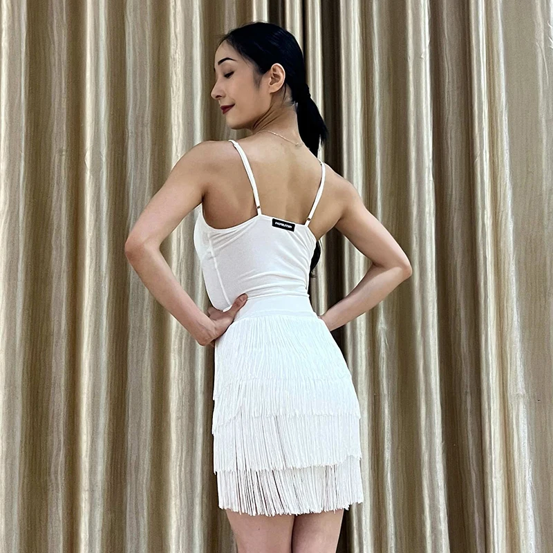 White Latin Dance Clothes Suspender Bodsyuit Tassel Skirt Women Rumba Cha Cha Samba Dance Practice Wear Competition Dress L16856