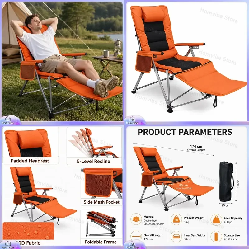 Adjustable Moon Lounge Chair Waterproof 900D Oxford Cloth 5 Position Tilt Padded Headrest Side Mesh Pocket Portable Camping