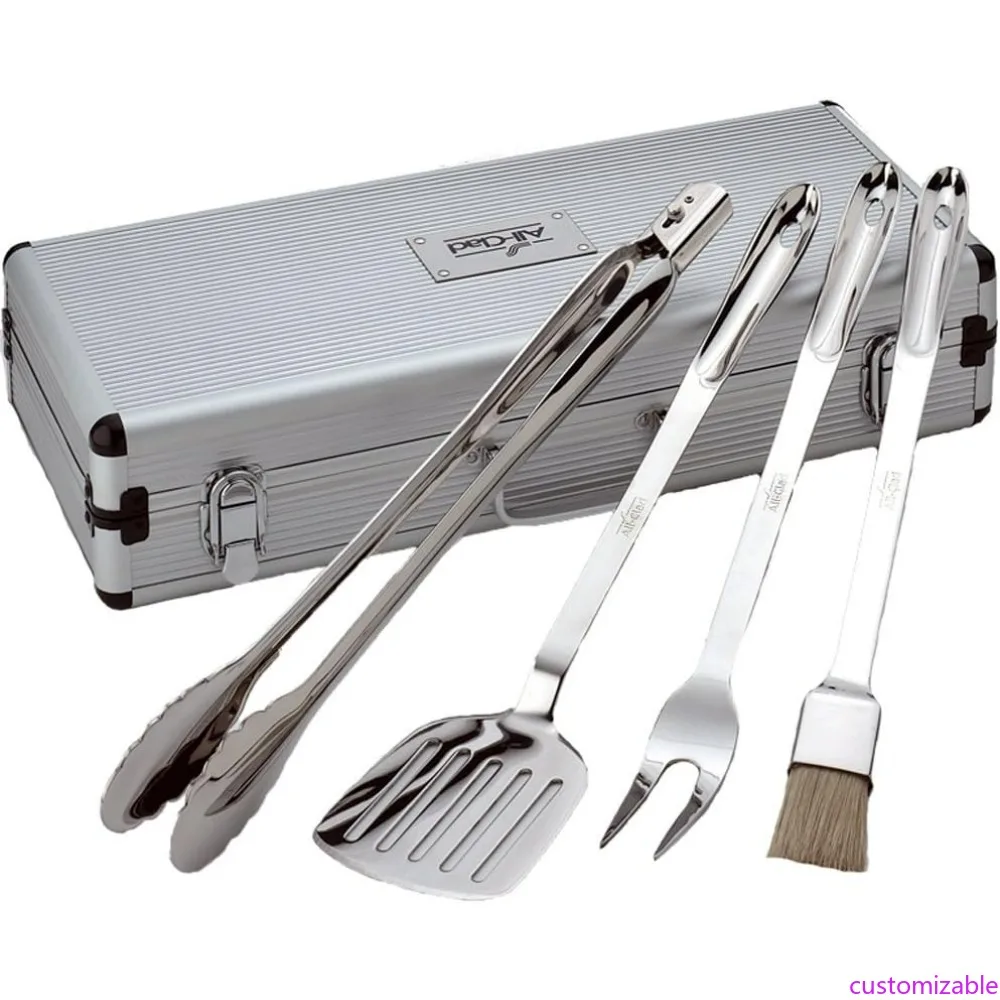 

Набор инструментов для барбекю из 4 предметов из нержавеющей стали с футляром, универсальные профессиональные аксессуары для посуды