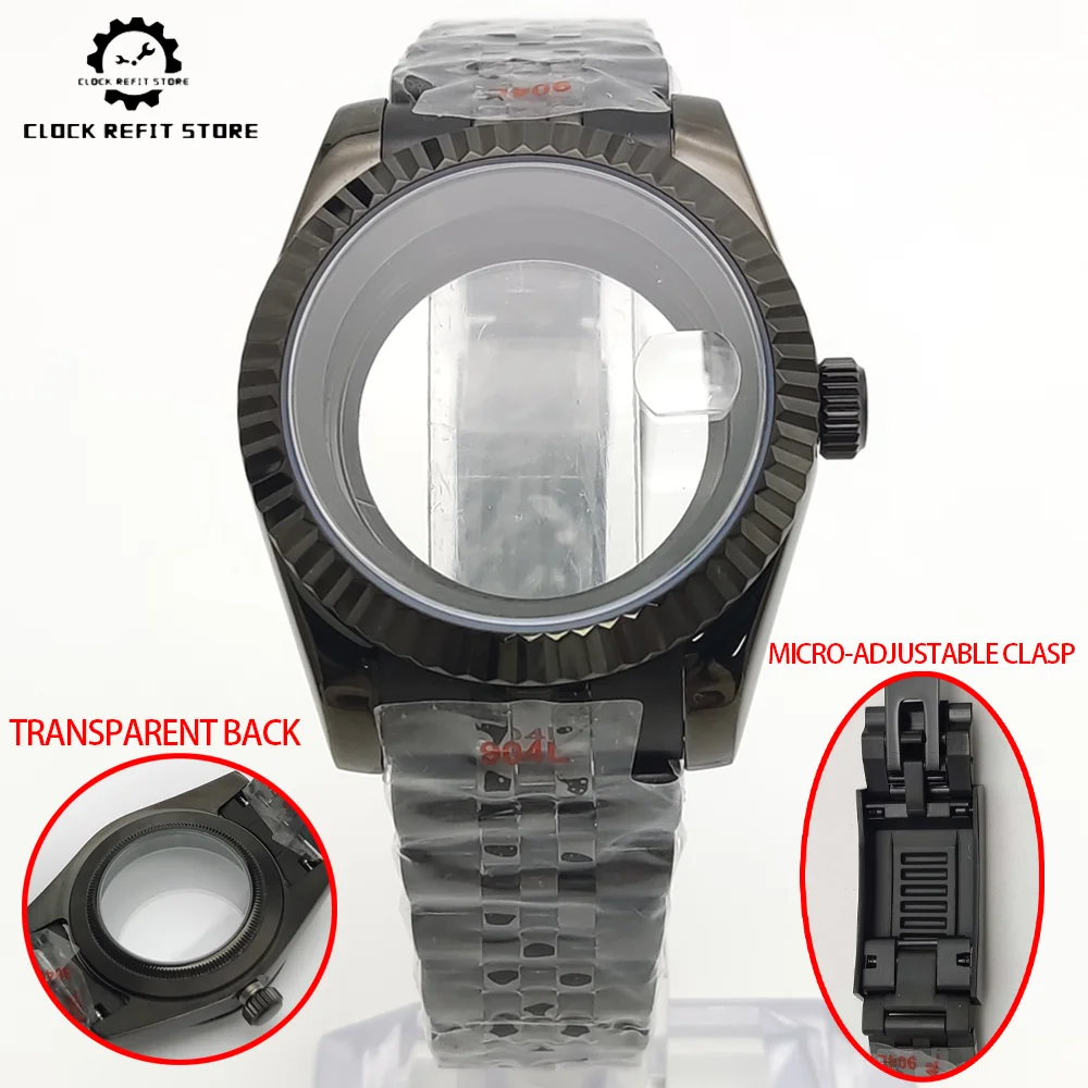 

39MM NH35 Black Case Stainless steel Bracelet Sapphire glass 28.5mm Dial Waterproof Case Screwed Crown for calibre NH35/36