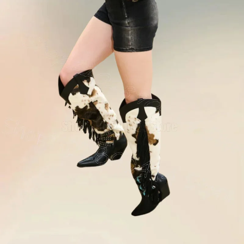 Totem Print Buckle Design Pointed Toe Tassels Boots Slip On Women Shoes Chunky High Heels Party Banquet 2026 Zapatos Para Mujere