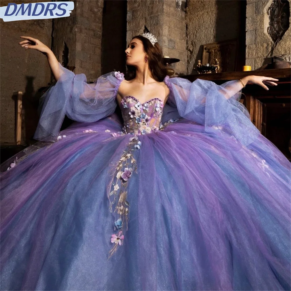 Charming Purple Sweetheart Shiny Quinceanera Dress Party Gown Princess Lace Appliques Beads Crystal Off The Shoulder For 16 Year