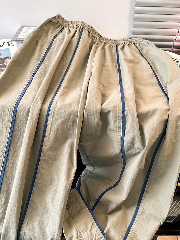 Pantalones de pierna ancha de lino y algodón con contraste retro para mujer Primavera Verano sueltos elásticos de cintura alta adelgazantes drapeados rectos nueve...