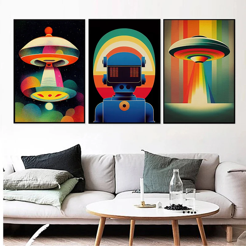 Retro Sci-fi Colorful Psychedelic Galaxy Celestial Space Ufo Robot 70s Wall Art Poster Print Canvas Painting for Room Home Decor