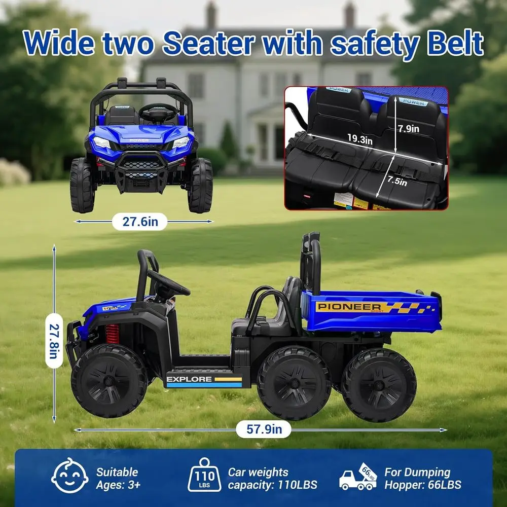 24V 2 Seater 6 Wheel Dump Truck Ride on Car for Big Kids 3-8 with Remote, Max 7MPH, 4WD Kids Electric Car Toy w/Electric ,Blue