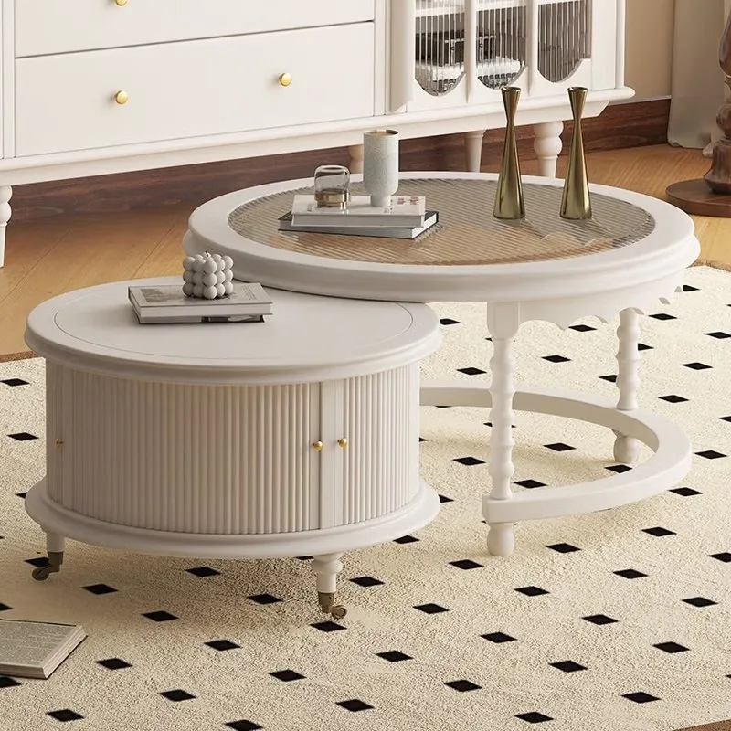 

American retro solid wood round coffee table, living room home light luxury old glass corner cabinet