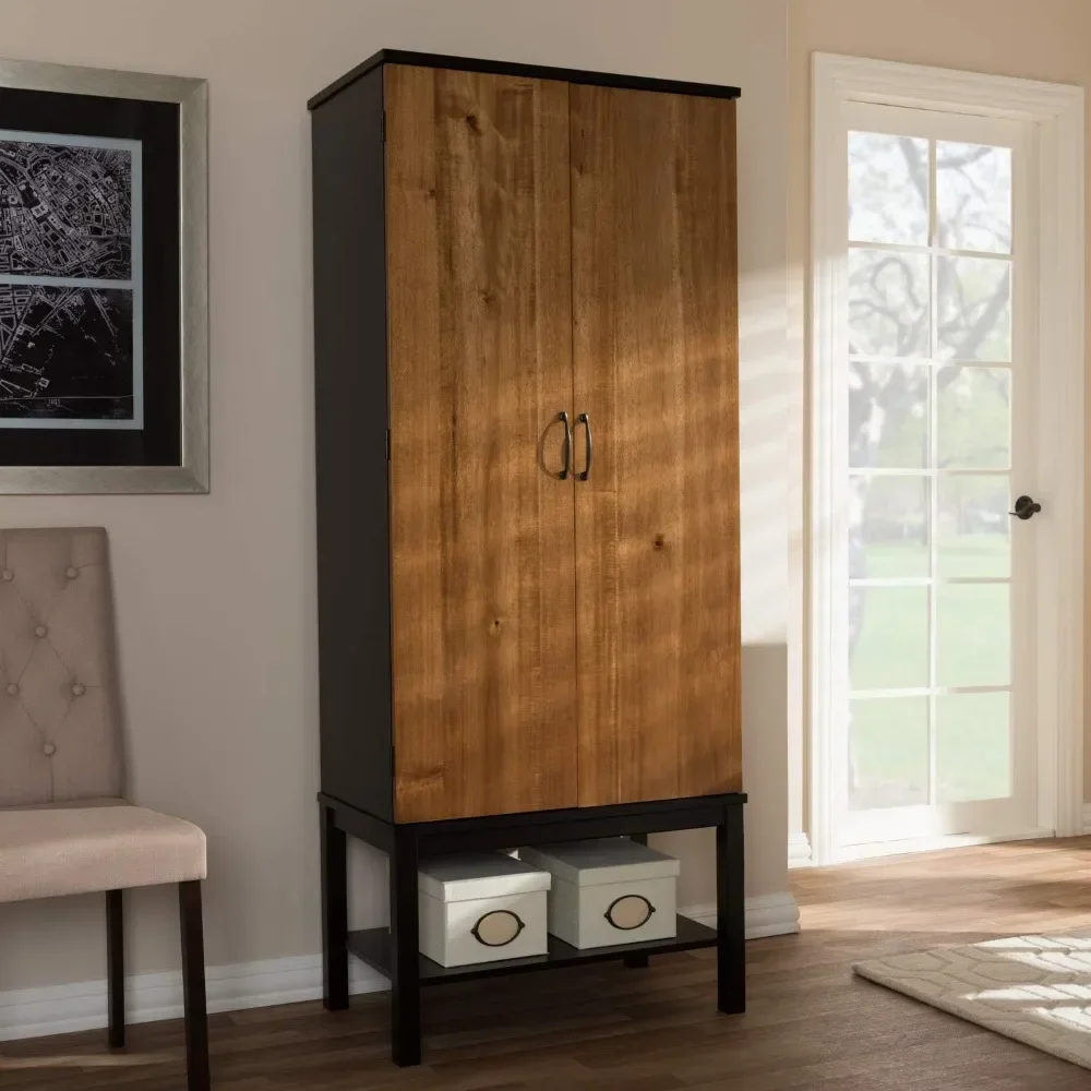 

Marya Mid-Century Modern Dark Brown and Walnut Two-Tone Solid Rubberwood MDF Veneered Wine Cabinet/Mid-Century.