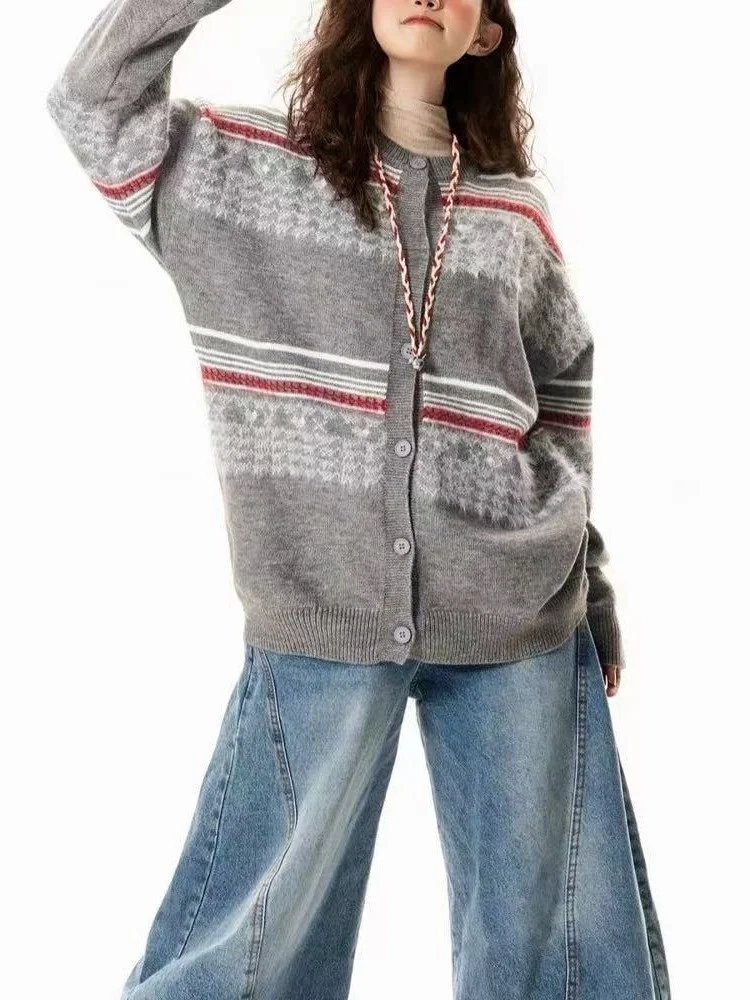 

Retro American Fair Isle Knitted Open Cardigan Loose Casual Sle Men's Autumn Winter Sweater Jaet Comfortable Breathable