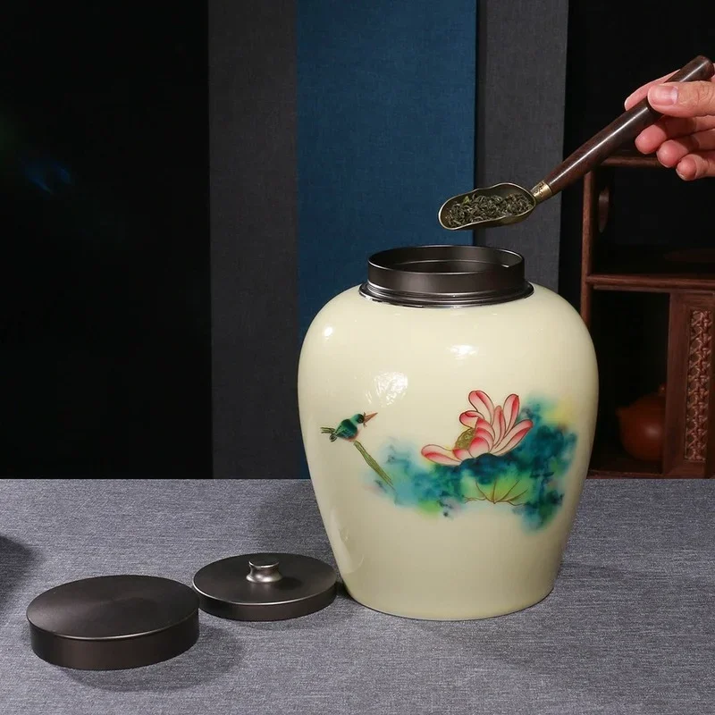 Alloy Lid Sealed Tea Cans Ceramic Jar Countertop Decorative Porcelain Grain Decor