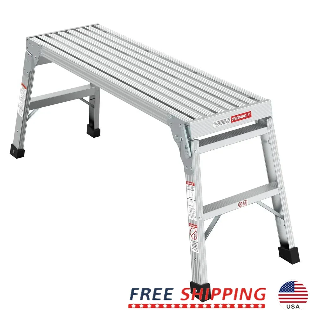 Aluminum Work Platform Step Ladder Bench Scaffolding 225lbs Load Capacity Non-Slip Medium Folding Stool Ideal Home Garage Office