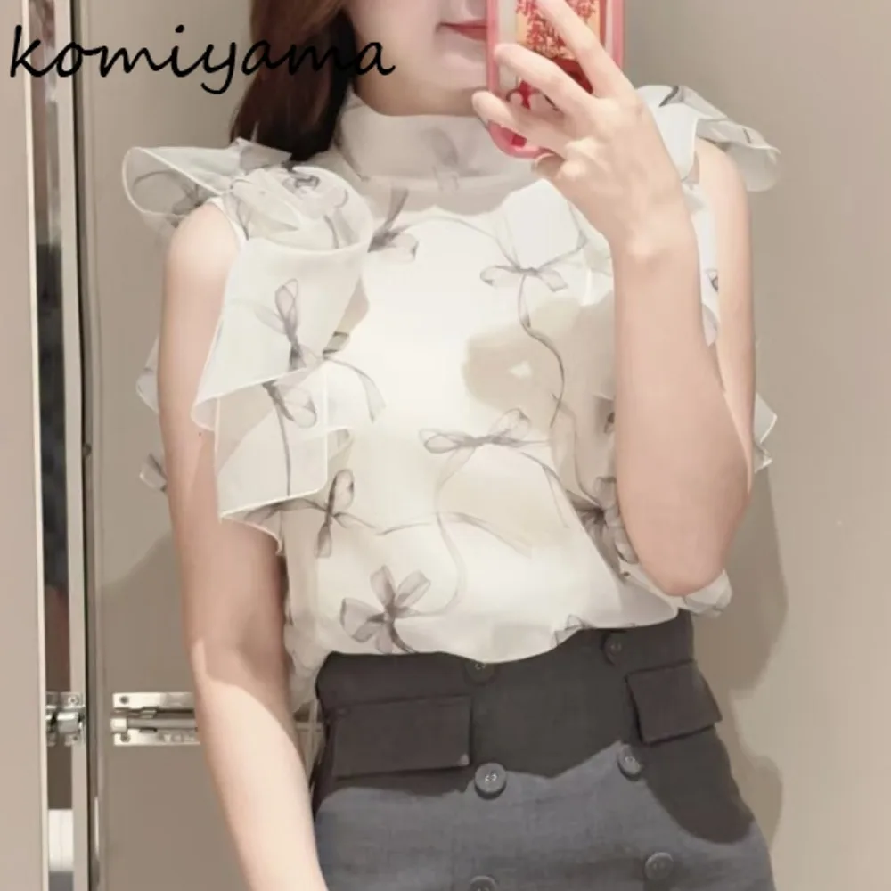 

Bow Print 2025 Shirts & Blouses Half High Collar Blusas Mujer Summer New Woman Clothing Ruffles Flying Sleeve Ropa Camisas