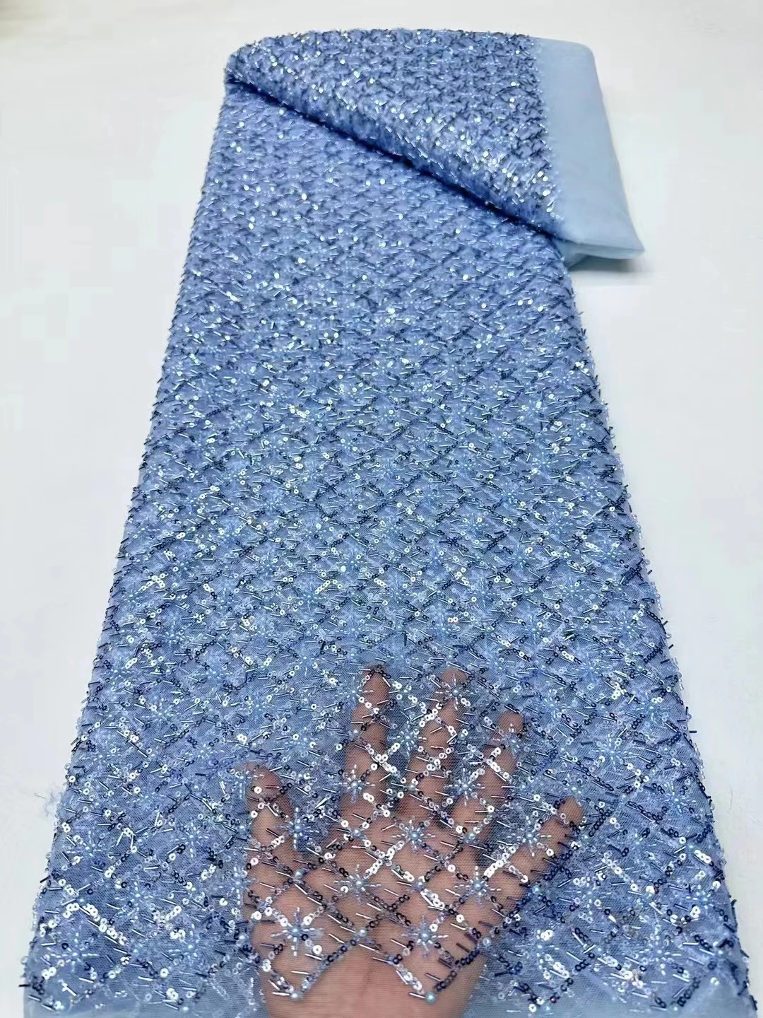 

2024 Fashion Sky Blue Handmade Beads African Lace Fabric High Quality Sequins Beaded French Lace Fabric For Party Dress KR24133