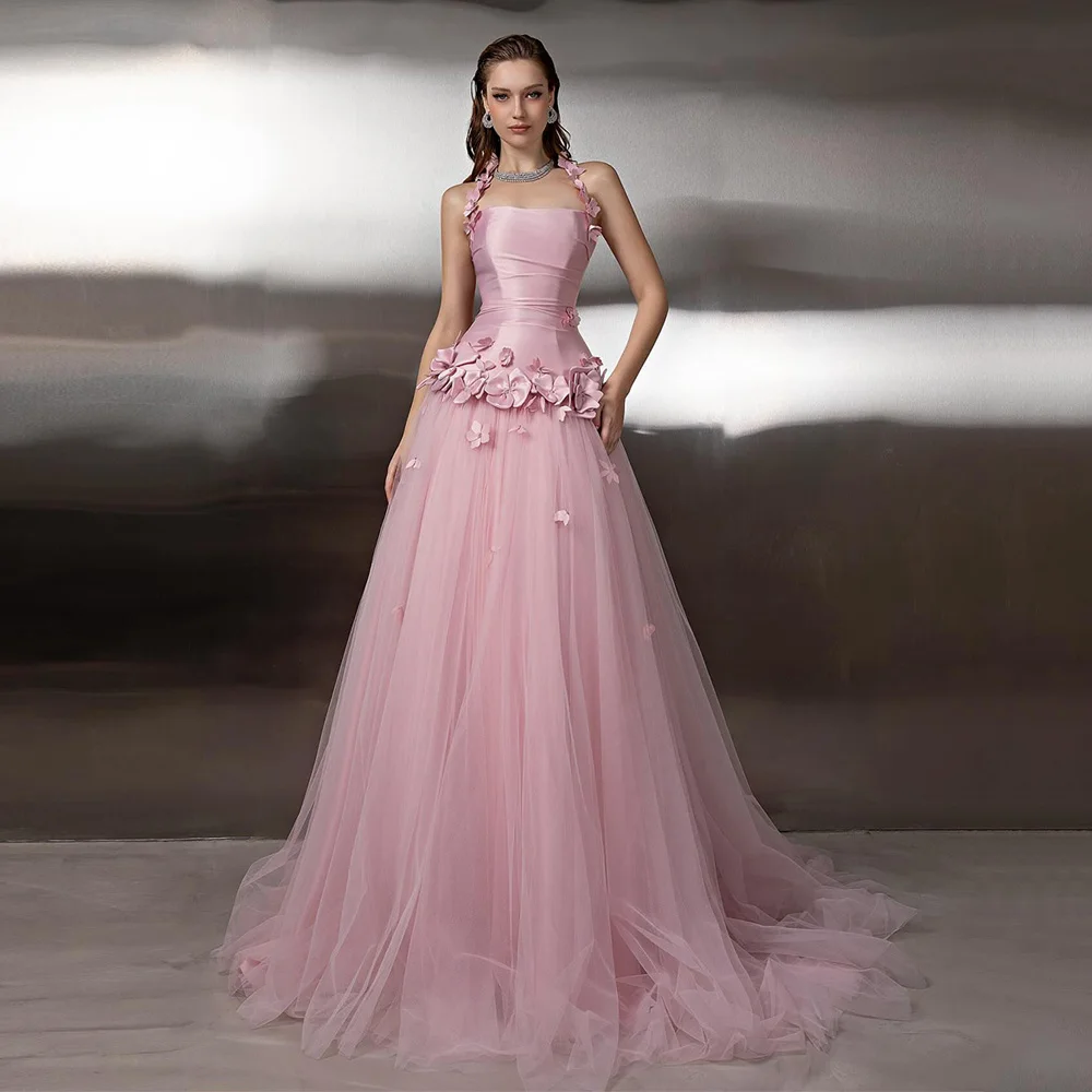 Vestido de noche de princesa personalizado Halter sin mangas flores 3d rebordear una línea tren de barrido Arabia Saudí vestido de fiesta desfile