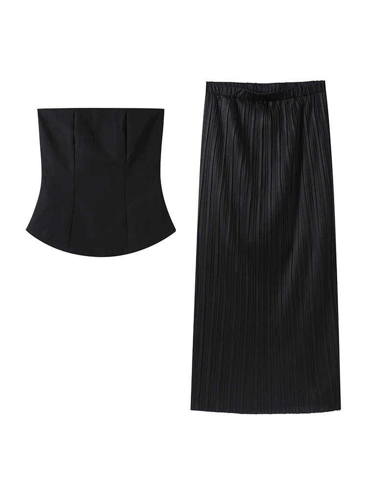 Elegante halter topo define feminino sólido sem mangas colheita superior cintura alta dividir senhora saia longa 2025 primavera verão festa à noite outfit