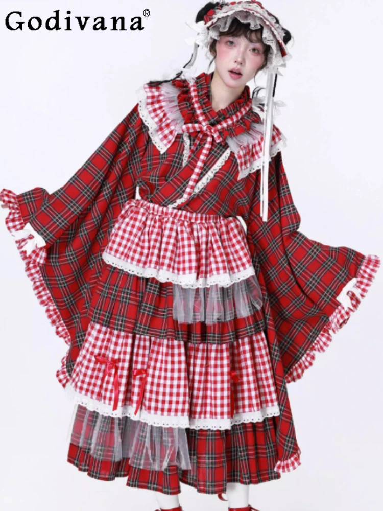 

Spring Autumn Fashion Japanese Retro Cute Red Plaid Cake Skirts Chic Ruffles Sweet Girl Elastic Waist Loose Heavy Industry Skirt