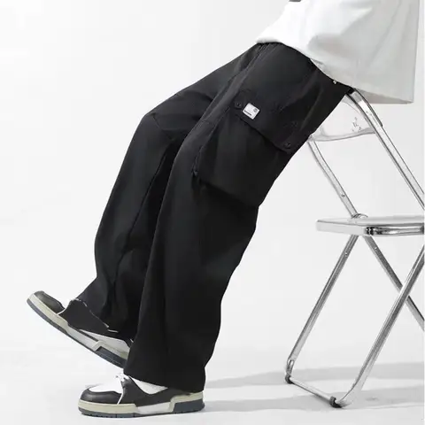 Pure Color Drawstring Wide Leg Sweatpants Y2K Multi-pockets Baggy Cargo Pants High Waisted Oversized Men Joggers Trousers Male