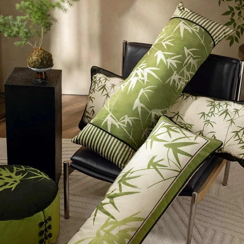 Bamboo Print Chinese Decorative Long Velvet Pillowcase Rectangular Waist Cushion Covers for Bedroom Headboard Living Room Sofa