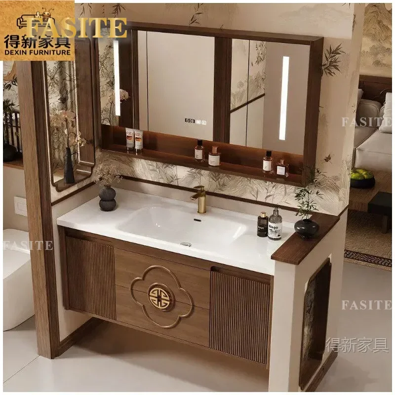 For Medieval Oak Bathroom Cabinet Smart Wash Table Integrated Ceramic Basin Furniture Vanity Unit Modern Aesthetic Home Decor