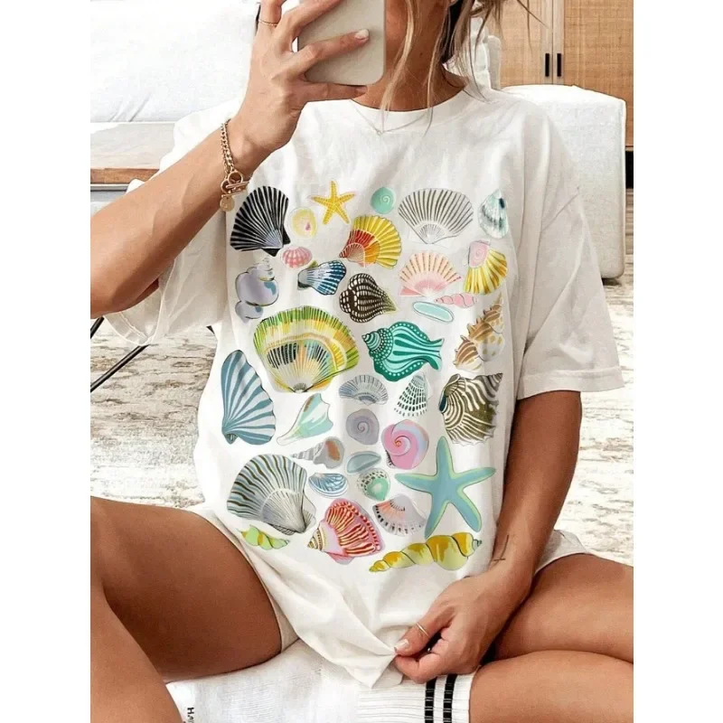 

Fashion Shell Print Cotton T-shirt Women's Street Summer Breathable Graphic Tee Blouse Retro Female O Neck Short Sleeve Clothing