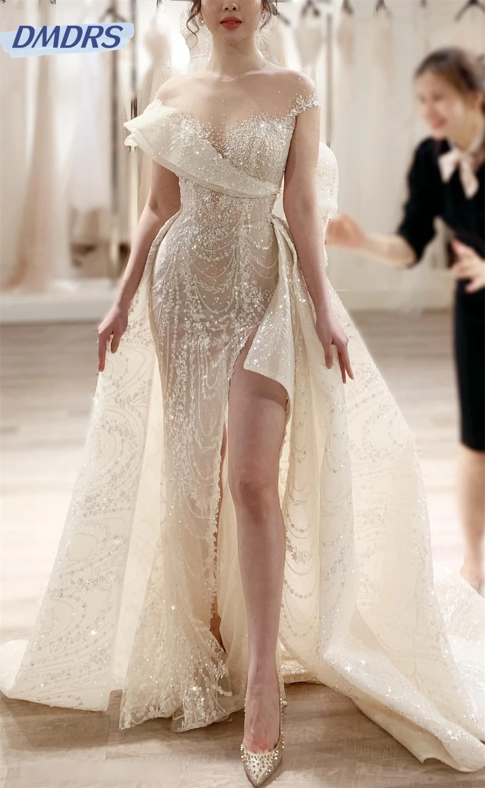 Lussuosi abiti da sposa a sirena in pizzo con paillettes splendido abito da sposa con una spalla abito da sposa con spacco alla coscia Vestidos De Novia