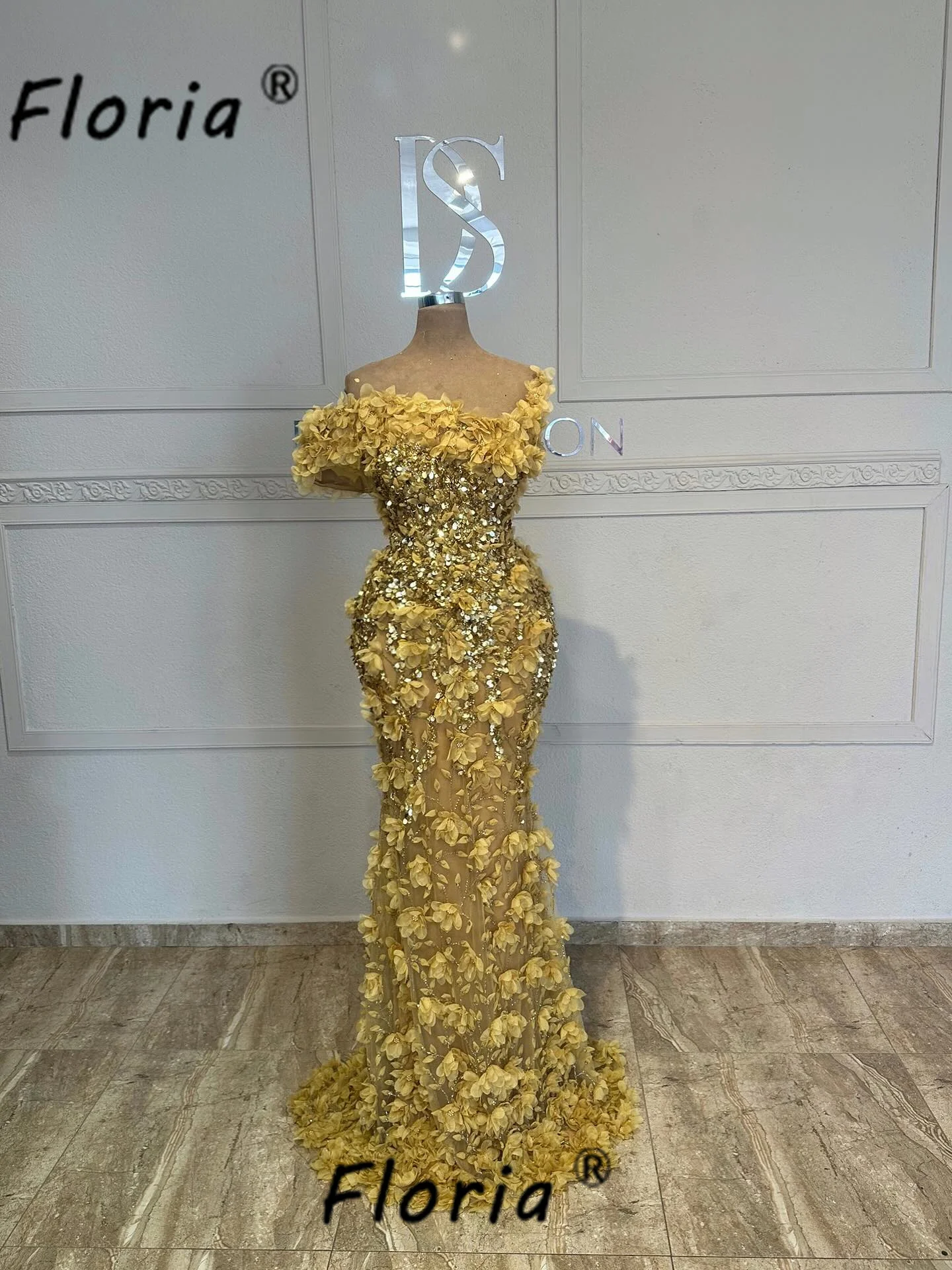 

Luxury Beads Mermaid Evening Dresses Gold Fully 3D Flowers Dubai Appliques Party Prom Gown Customize robe pailletée femme soirée