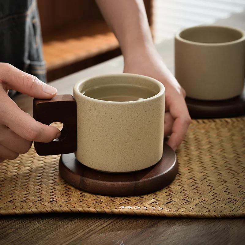 Vintage Ceramic Wooden Handle Coffee Cup with Tray Antique 300ml Tea Cup Home Office Mug Birthday Gift Breakfast Mug Home Decor