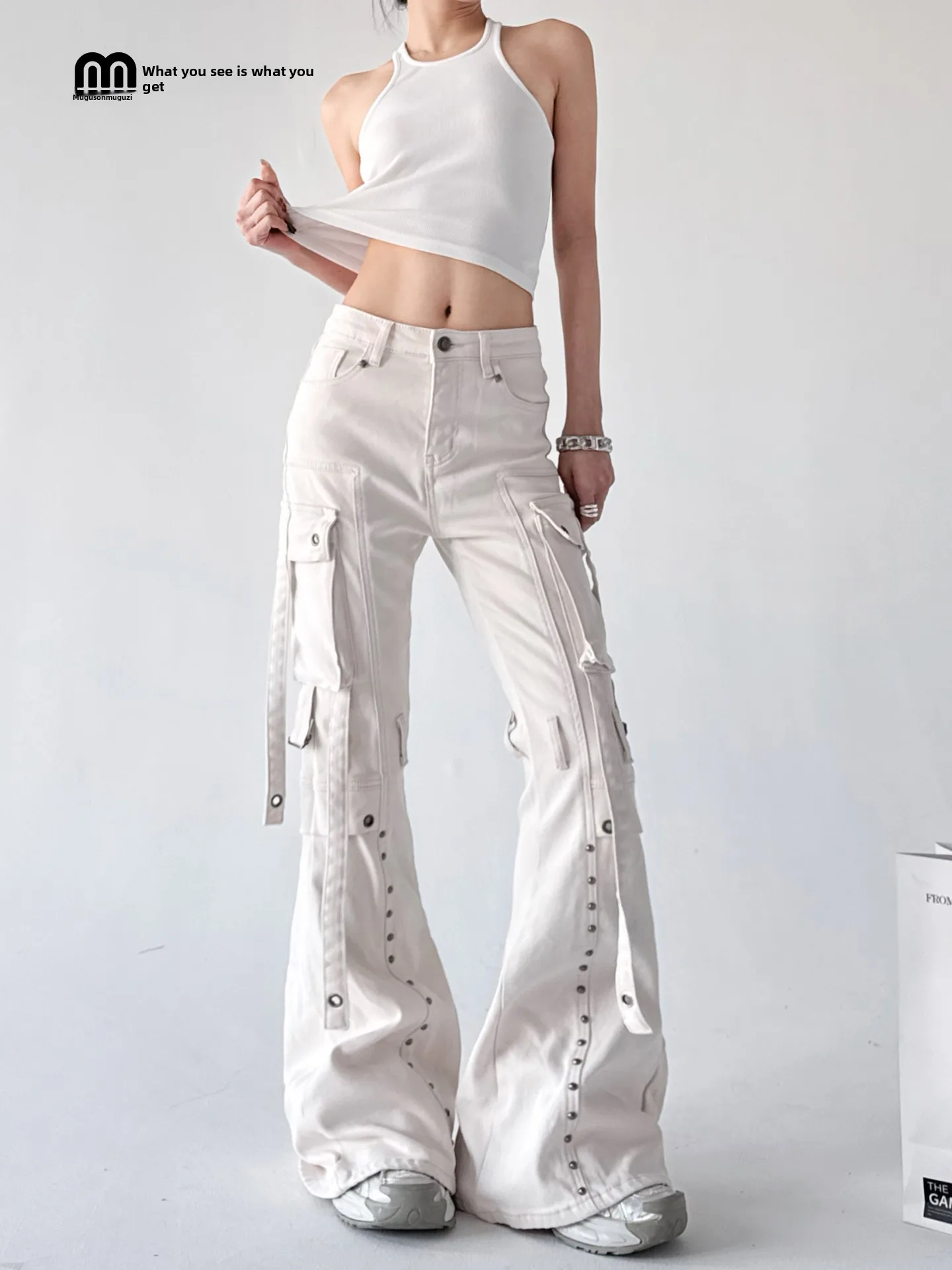 

Белые женские рабочие брюки с несколькими карманами, весенне-осенние, свободные, длинные, повседневные джинсы с высокой талией из денима, с эффектом похудения