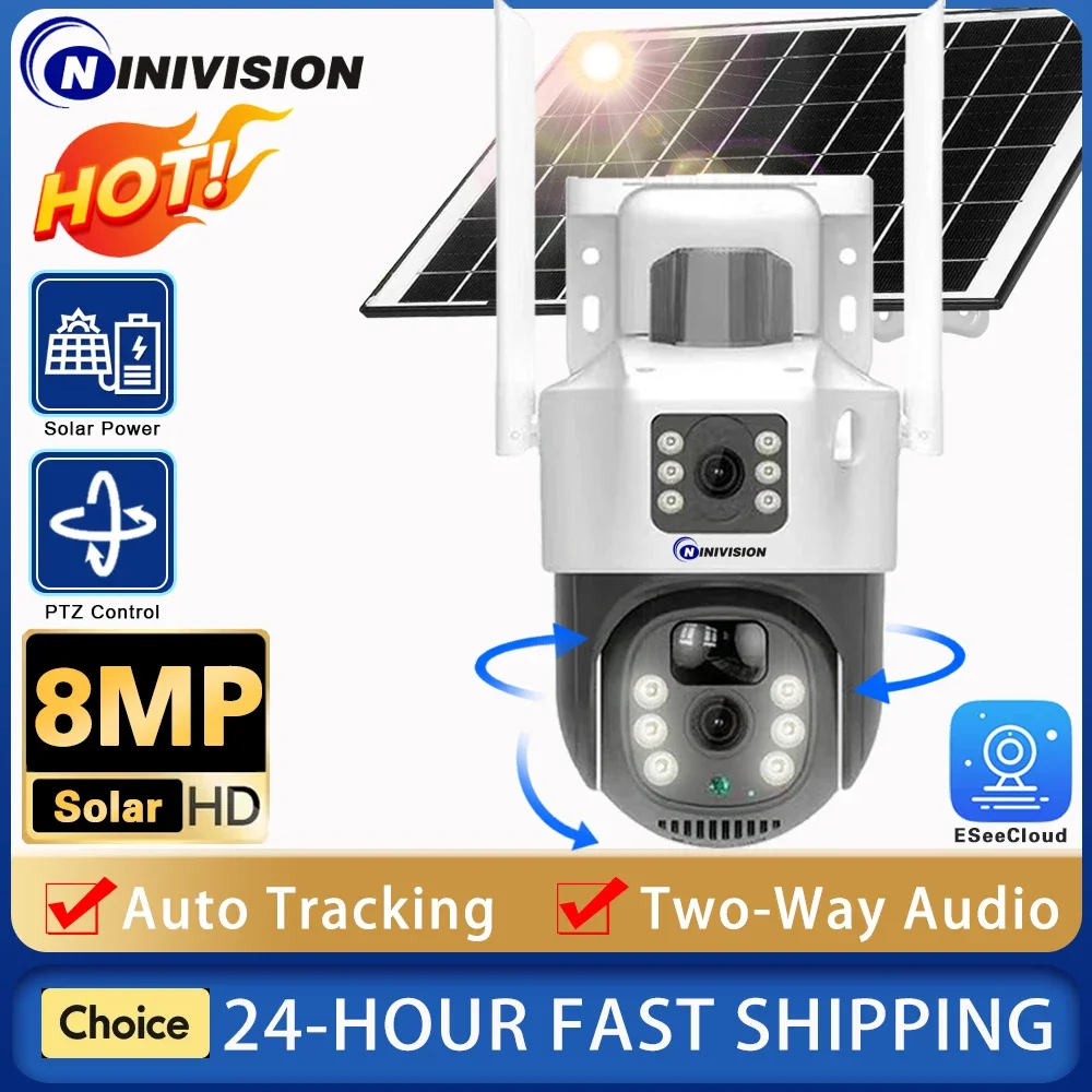 4K 8MP Solar Wireless IP Camera with 10800 MAh Battery Outdoor HD Dual Lens WiFi PTZ Camera Solar Panel CCTV Security Camera