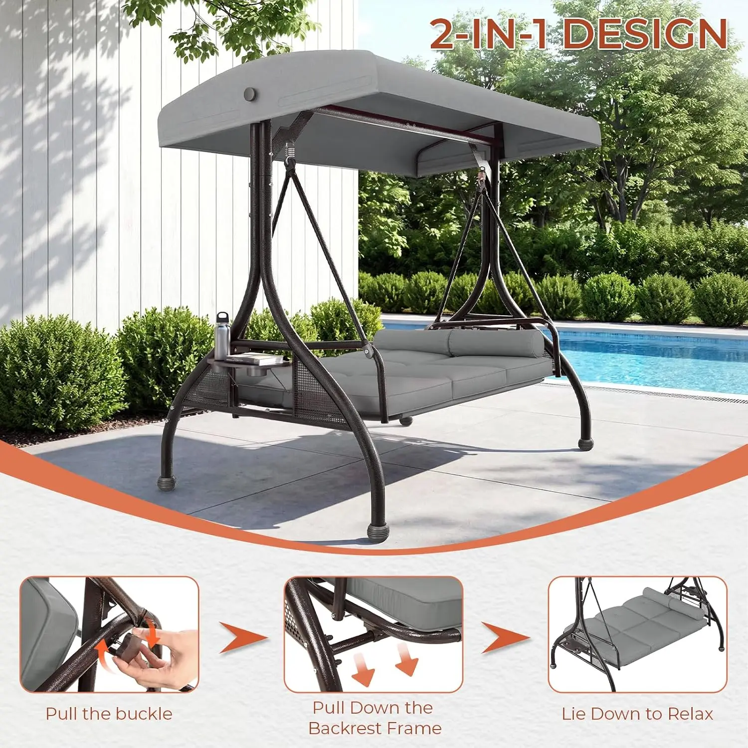 Outdoor Porch Swing with Adjustable Canopy & 2 Pillows, 800 lbs Capacity, Customized
