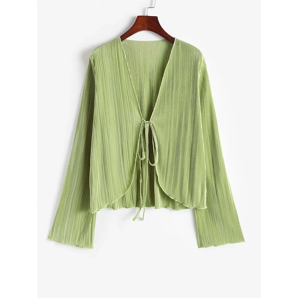 

Thin Sunscreen Cardigan Long Sleeve Polyester V- Neck Tie Up Cardigans Tops Ruffle Design Sun Protected