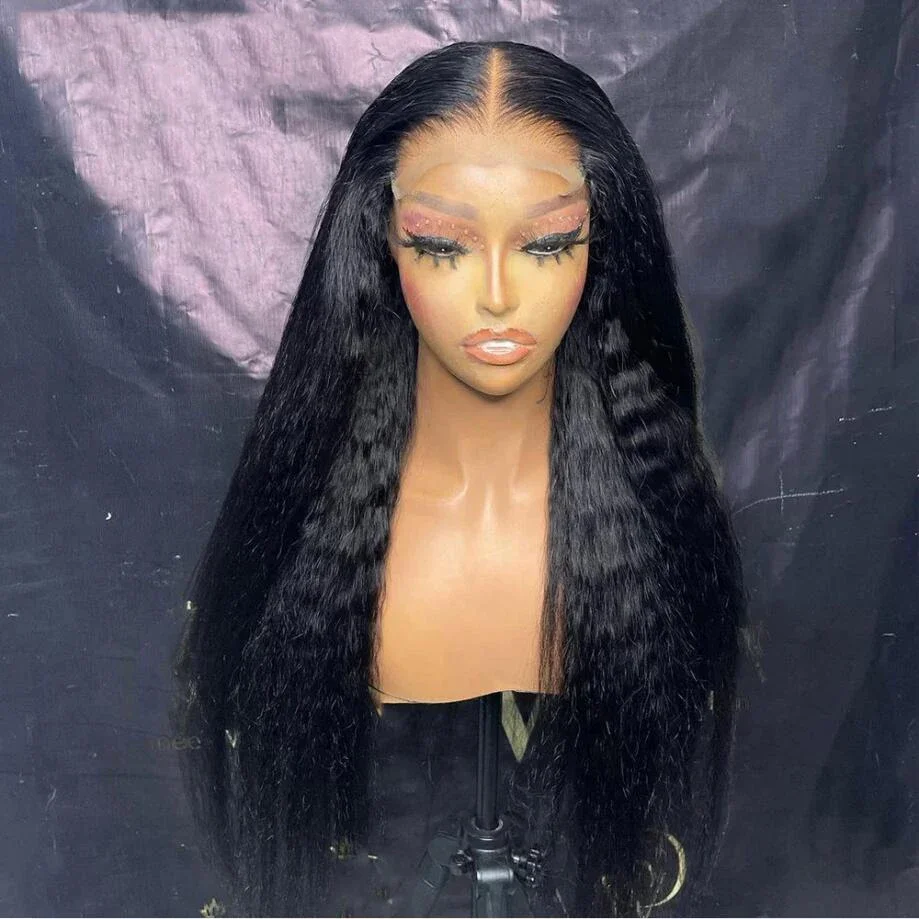 

Natural Long 180Density Yaki 26" Preplucked Black Kinky Straight Glueless Babyhair Lace Front Wig For Black Women With Daily Wig