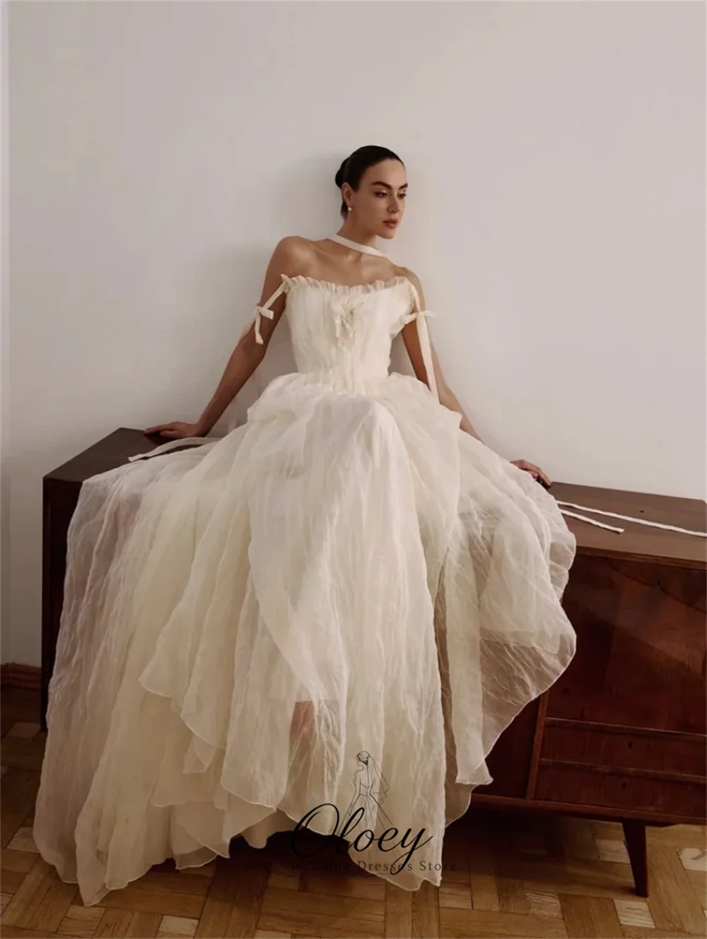 OLOEY Modern Off The Shoulder 3D Floral Ruffle Tulle Wedding Dresses For Woman A-Line Bridal Gown Customized Lawn Wedding