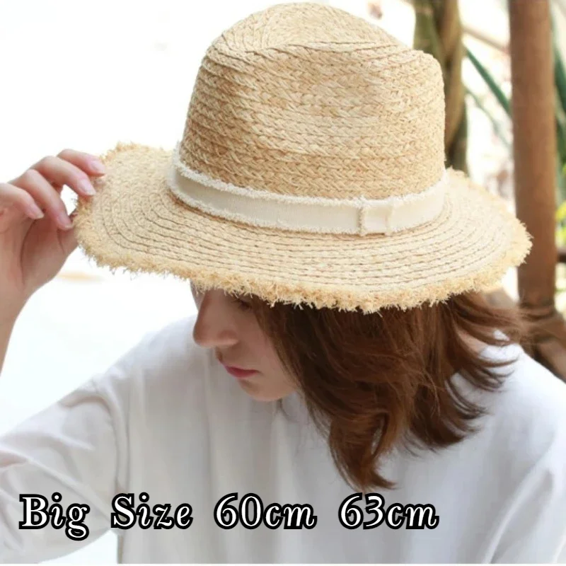 New Big Size 63cm Raffia Straw Hat Fur Edges Summer Outdoor Sunshade Beach Sun Protection Flat Edge Panama Elegant Women Hat