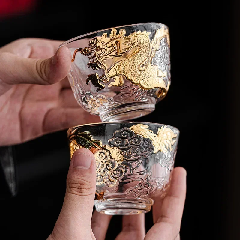Chinese Golden Dragon Auspicious Cloud Teacup Gold Painted Master Cup Crystal Transparent Glass Zen Kung Fu Tea Bowl