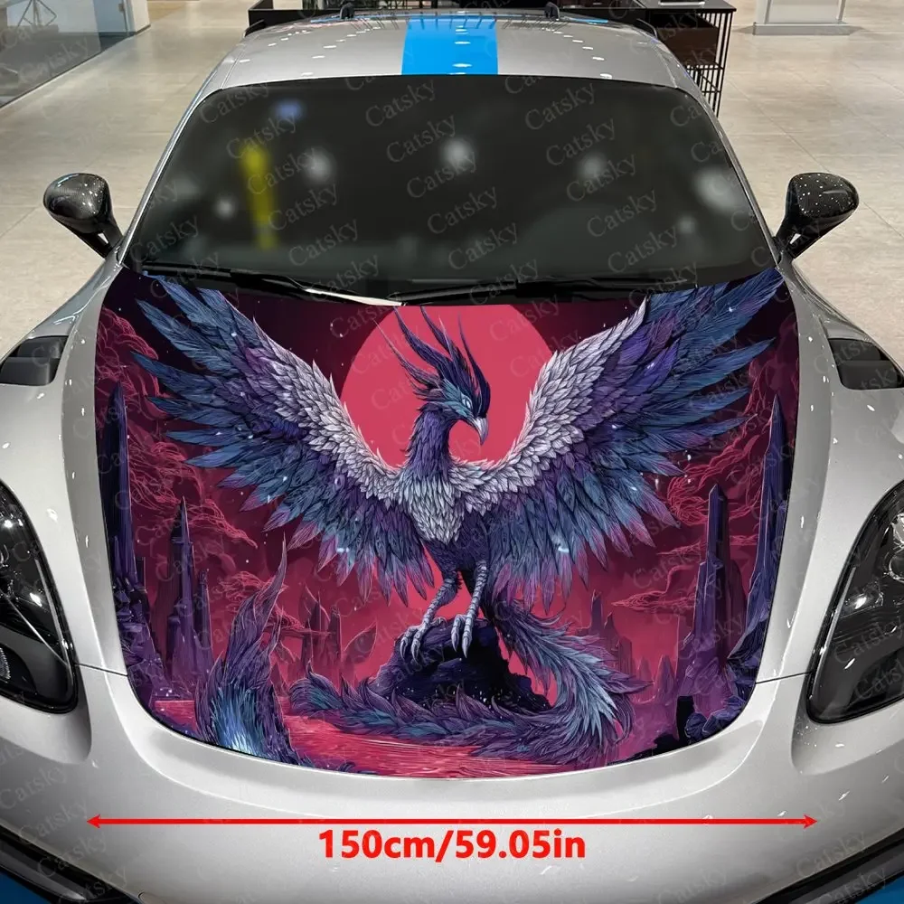 Ruined City Phoenix & Crimson Glow Car Vinyl Wrap, PVC Waterproof Car Hood Sticker, Self-Adhesive Scratch-Resistant Stickers
