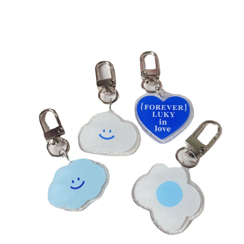 Cartoon Cute Blue Cloud Love Key Holder Flash Powder Acrylic Kawaii Backpack Fashion Decorative Pendant Keychain Toy Ornament