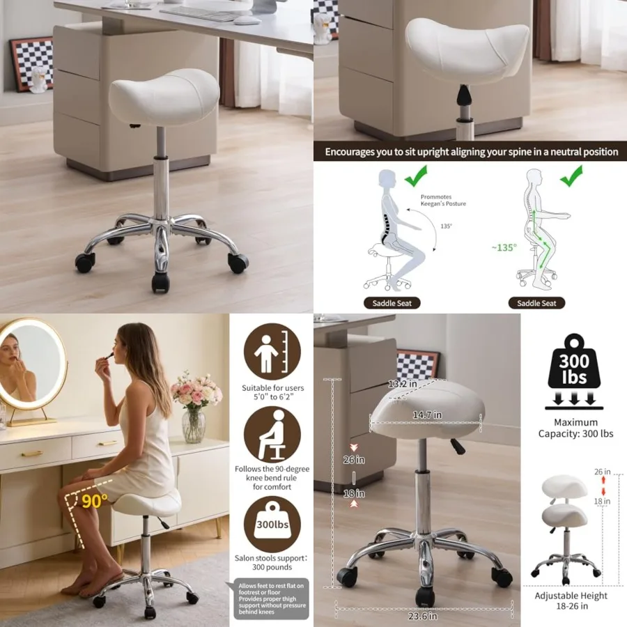 

Saddle Stool, Swivel Saddle Stool with Wheels, Adjustable Rolling Stool 18"-26", Faux Leather Rolling Stool for Salon, Massage,