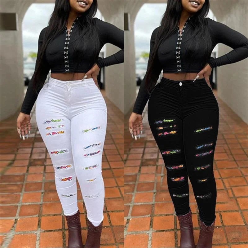 

Sexy Denim Torn Patchwork Tight Fit Jeans Women's Ankle Pants Long Pants Spring 206 Other Brand Cross-Border Wi