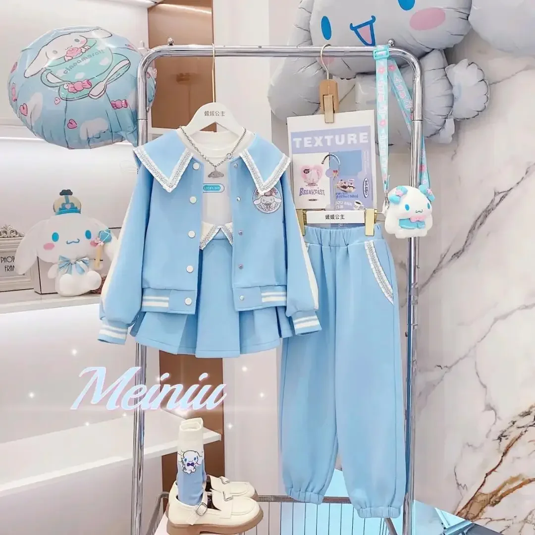 Anime Sanrioed Cinnamoroll Girls Fall Winter Fashion Suit Kids Baseball Jacket Pleated Skirt Pants Two Piece Korean Kids Clothes