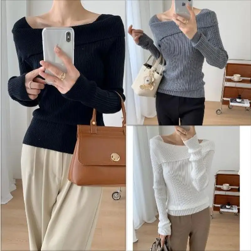 

Korean Knitted Pullover Women Lapel Off Shoulder Slim Long Sleeve Sweater Y2k Clothes