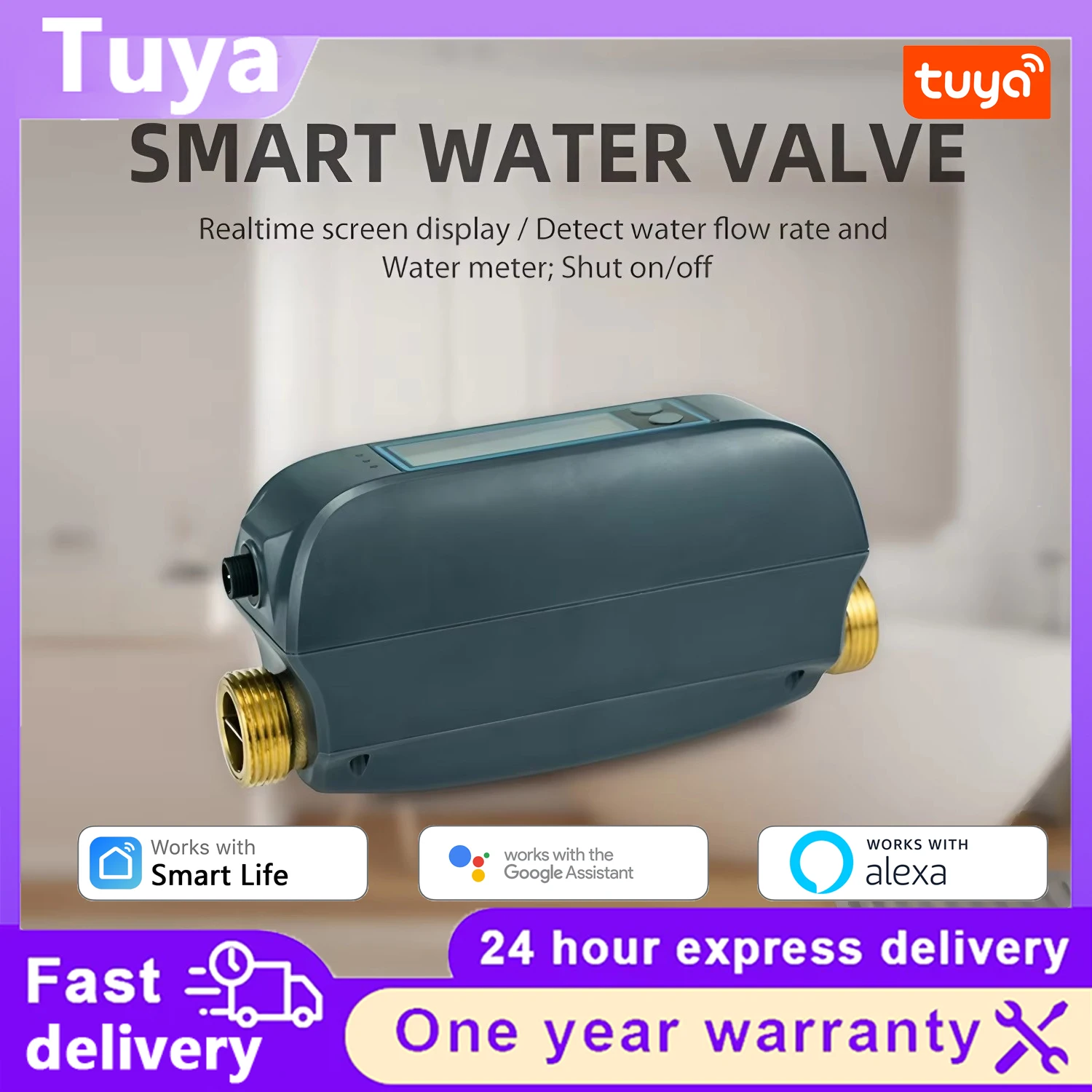 Tuya WiFi Smart Water Valve Flow Meter Real Time Rate Total Detection Remote Open Close Backup Battery Unit Switching