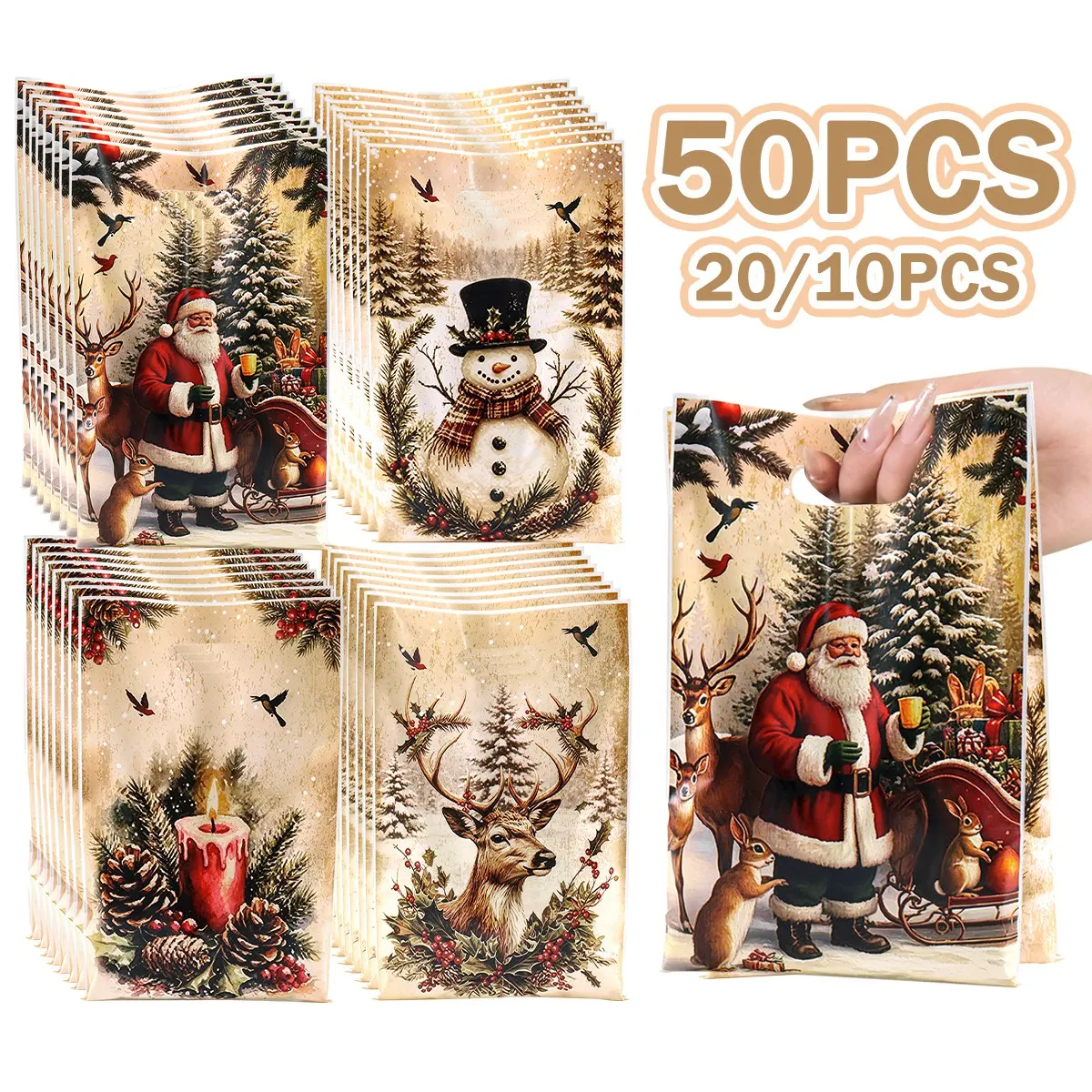 10/20/50 Stück Retro Weihnachtsgeschenktüten 4 Stile Landhaus-Thema Santa Süßigkeiten-Tragetasche Winter-Feiertagsparty-Dekorationen für Zuhause 2026 – Detail 1