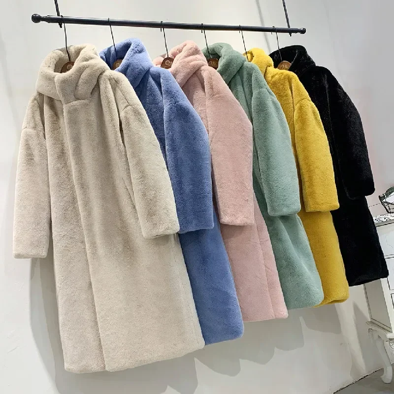 Longo casaco de pele do falso grosso quente luxo chique com capuz jaqueta de pele inverno roupas femininas manga longa cardigan streetwear alta qualidade