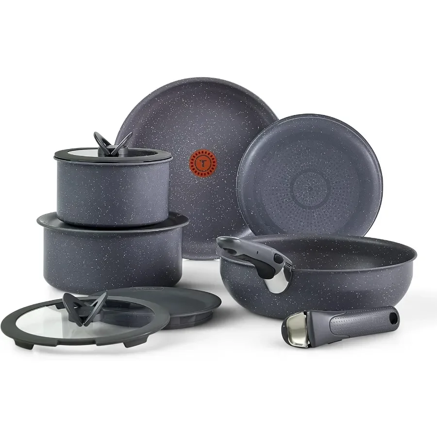 

Essentials Cookware Set with Detachable Removable Handle 11 Piece Granite Titanium Non Stick Oven Broiler Safe up to 500F Stack