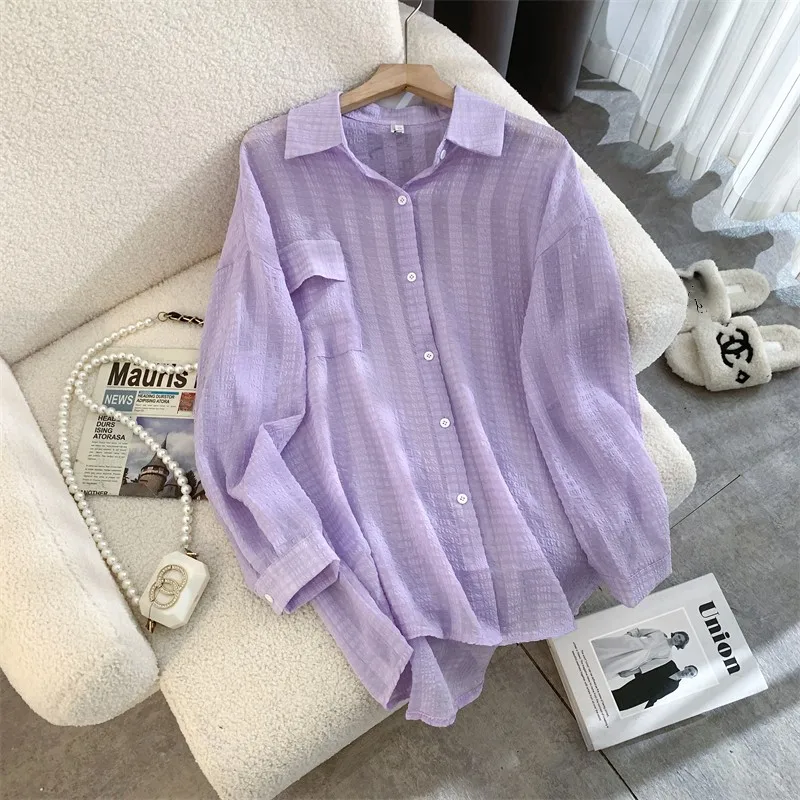 

Ultra-Fairy Breathable Purple Women's Summer Long Sleeve Shirt Thin Air Conditioning Open Cardigan Outerwear Collar