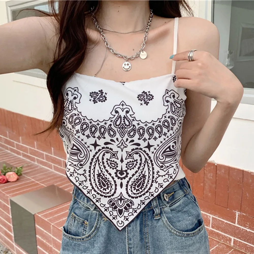 Women's Printed Sleeveless Tank Top Shirt Basic Solid Tank Top Fashion Satin Lace Up Italian Noodle Bandana Tube Crop Top