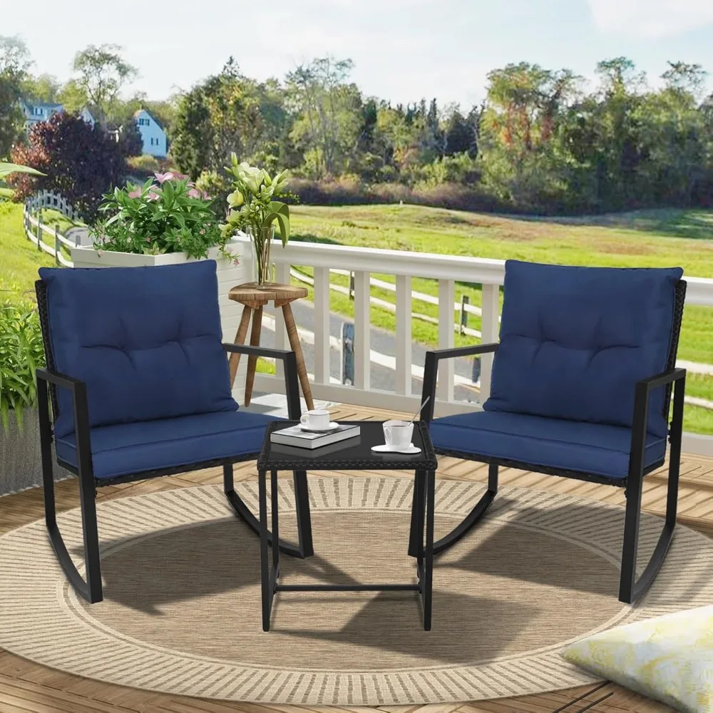 3 Piece Outdoor Rocking Bistro Set Black Wicker Furniture Porch Chairs Conversation Sets with Glass Coffee Table, Dark Blue