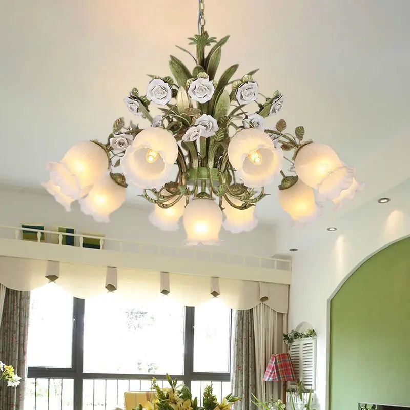 Floral Pendant Lamp French Living Room Children's Room Ceramic Flowers Lights Warm American Retro Fresh Ceramic Pendant Lamps